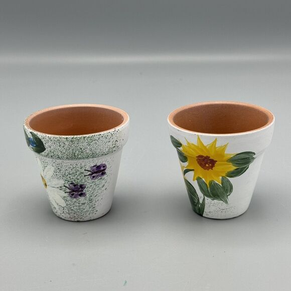 2 Small Hand Painted Succulent Herb Window Ledge Planters Sunflowers Daisies 2.5 - Picture 4 of 6